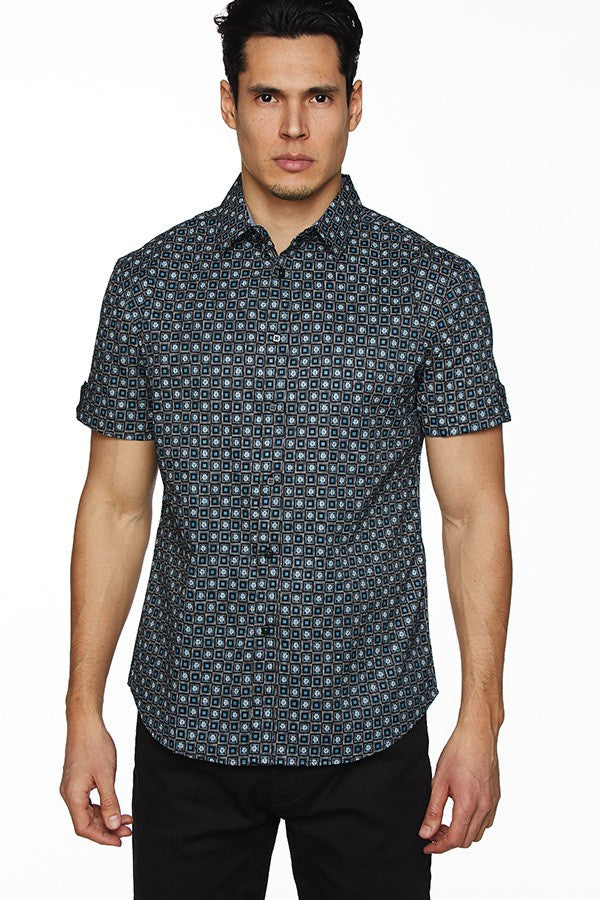 House Of Lords Men Cotton/Satin Printed Short Sleeve Shirt Teal/Black-MT