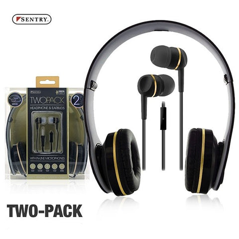 Sentry 2 Pack Folding Wired Inline Mic Stereo Headphones & Earbuds Gold 3.5m