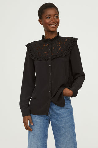 H&M 1522/1 Women Longsleeve Blouse with Lace Black-SHW