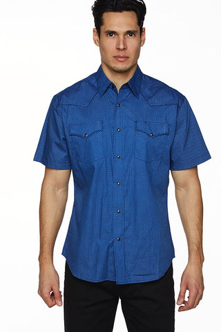Rodeo Men Short Sleeve Western Style Printed Snap Button Shirt Dark Blue-GL