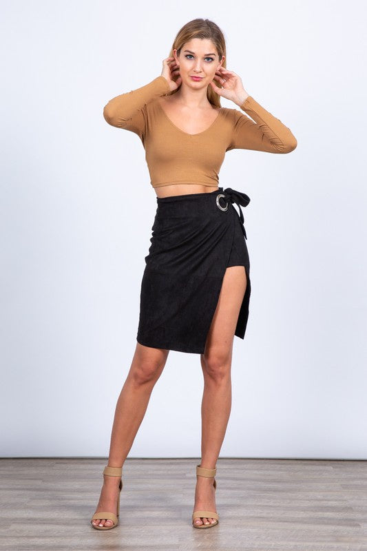 Hesperus Women Faux Suede Eyelet Wrap Around Asymmetrical Midi Skirt Black-SHW
