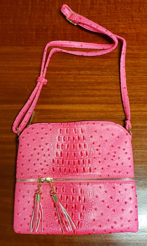 Sugu SG2038N Women Ostrich Croc Tassel Zip Crossbody Bag Satchel Neon Pink