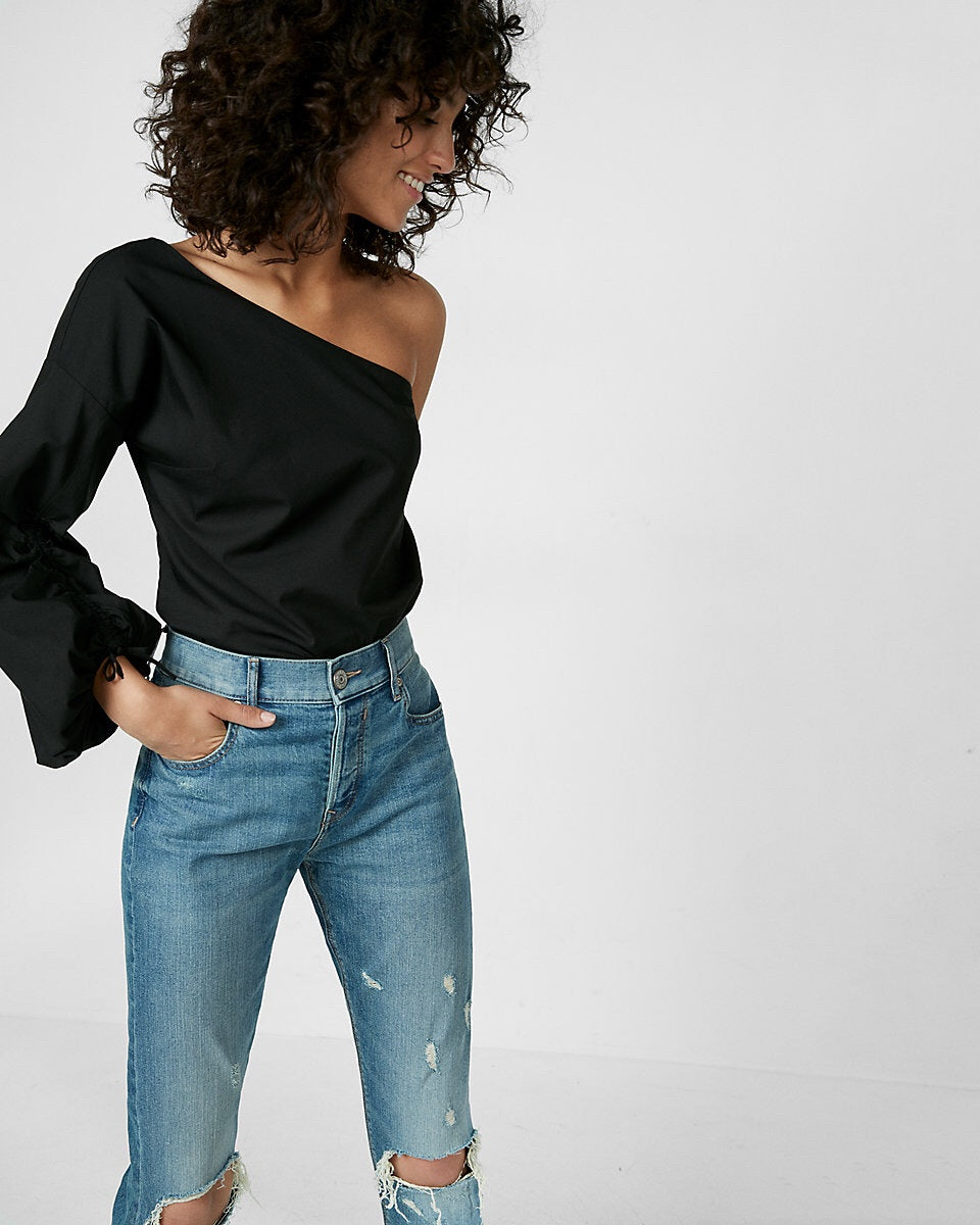 Express 08653398 Women Black One Shoulder Ruched Sleeve Top-GL