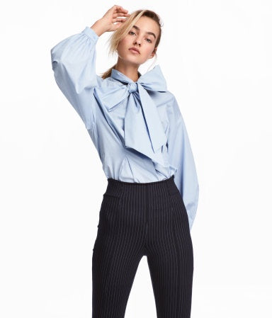 H&M 1522/1 Women Cotton Blouse with Wide Tie Light Blue-SHW