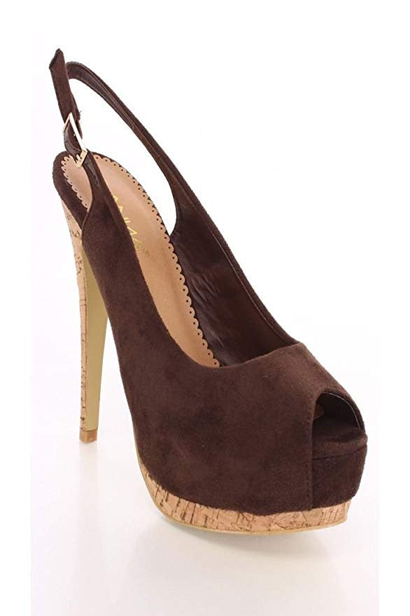 Anna Jill-1 Women Peep Toe Slingback Faux Suede Platform Wedge Brown-SHW