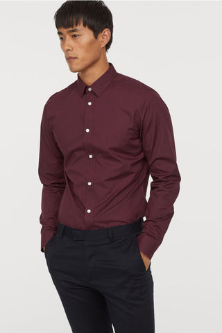 H&M 8617/1 Men Slim Fit Easy-iron Long Sleeve Shirt Burgundy-GL