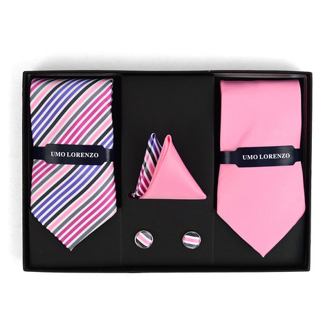 Umo Lorenzo Men 3pc Striped & Solid Tie with Hanky & Cufflinks Pink-MT/SHW/SHG/GL