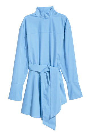 H&M 1941/1 Women Flounced-Hem Cotton Long Sleeve Shirt Light Blue-SHW