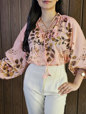 Women Floral Long Sleeve Top-Coral Multi