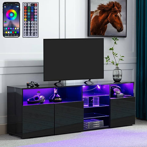 Hommpa White High Gloss TV Stand for TVs up to 59" Modern TV Cabinet Living Room Entertainment Center with RGB LED Light and Drawers Storage