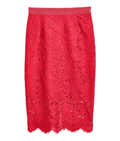 H&M-Women Lace Pencil Skirt-Red-SHW