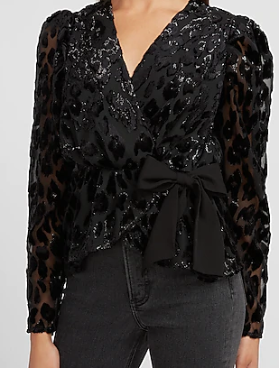 Express 08656259 Women Metallic Leopard Wrap Front Bow Top Black