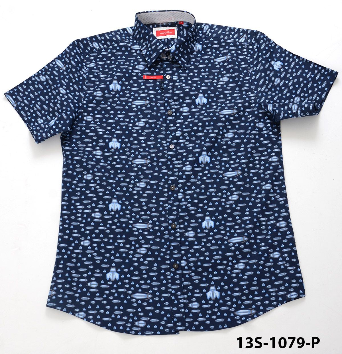 Oleg Cassini Men 13S-1079-P Print Stretch Basic Short Sleeve Shirt Navy-GL/SHW