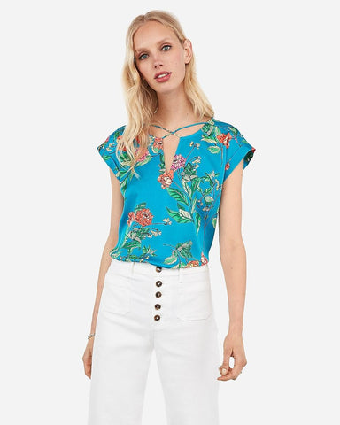 Express 08624718 Women Satin Floral Print Cross Front Gramercy Top Blue-GL