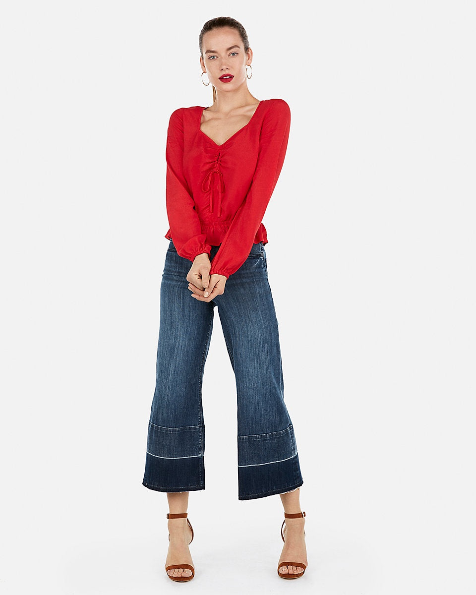 Express 09785293 Women Sweetheart Shirred Keyhole Peplum Top Red-GL/SHW