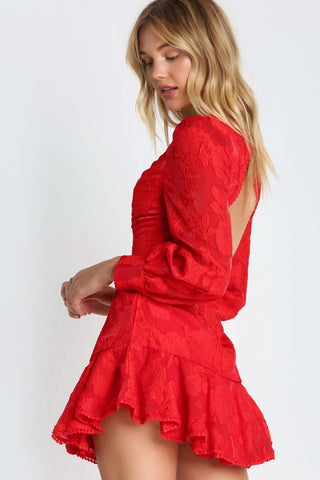 Saints Secrets Women Floral Lace Crochet Dress With Puff Sleeves And Open Back Red-MT