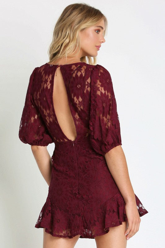 Saints Secrets Women Lace V-Neck Fit And Flare Dress With 3/4 Puff Sleeves Plum-SHG