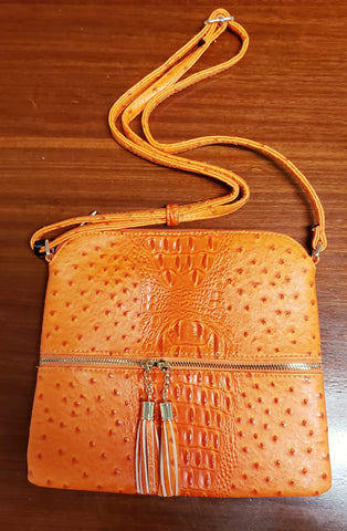 Sugu SG2038N Women Ostrich Croc Tassel Zip Crossbody Bag Satchel Neon Orange