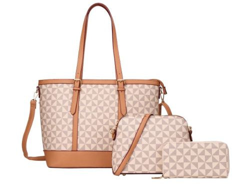 Classic Fashion Women Grid Design 3 In 1 Handbag Set Taupe