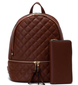 Fashion ET2408 2-in-1 Women Quilted Zipper Backpack With Wallet Set Brown