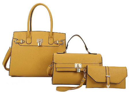 Fashion 3 in 1 Smooth Key Lock Tote Bag With Mini Bag & Clutch Set Mustard