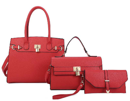 Fashion 3 in 1 Smooth Key Lock Tote Bag With Mini Bag & Clutch Set Red