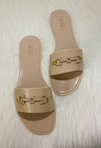 Ann More Acton Women Chain Trim Decoration Jelly Slide Sandal Beige