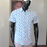 Oleg Cassini Men 13S-1185-P Poplin Print Slim Fit Short Sleeve Shirt Dk.Blue-GL/SHW