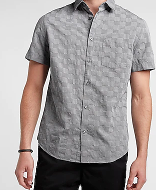 Express 01695723 Men Slim Check Print Jacquard Short Sleeve Shirt