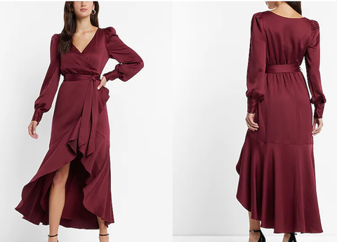 Express Textured Faux Wrap Ruffle Hi-Lo Maxi Dress-Ruby