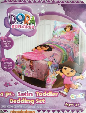 Dora the Explorer 4 pc Satin Toddler Bedding Set Kid Girl Bed Sheets Conforter, Age 3+
