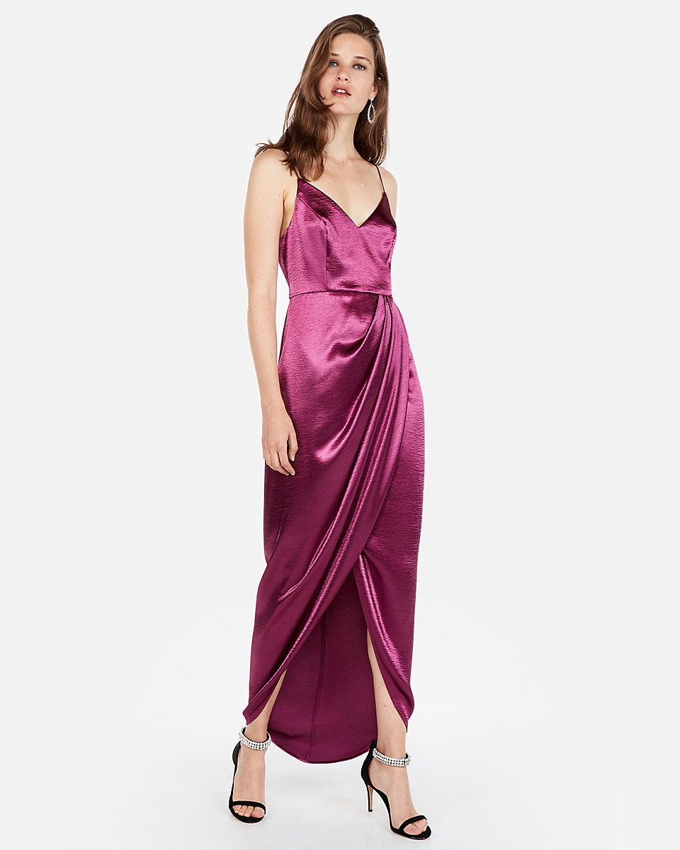 Express 07922207 Women Satin Wrap Front Maxi Dress Plum-GL/SHF