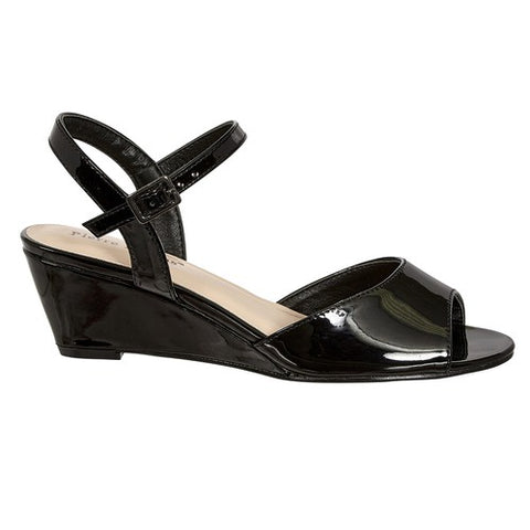 Pierre Dumas Lucille-8 Women Slip On Opn Toe Small Wedge Heel Ankle Strap Shoe Black Patent-SHW