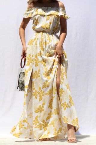 Dress Day Women Floral Printer Off Shoulder Maxi Dress Mustard-SHG