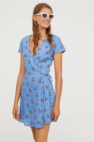 H&M 1344/1 Women Patterned Wrap-front Dress Blue/floral-MT