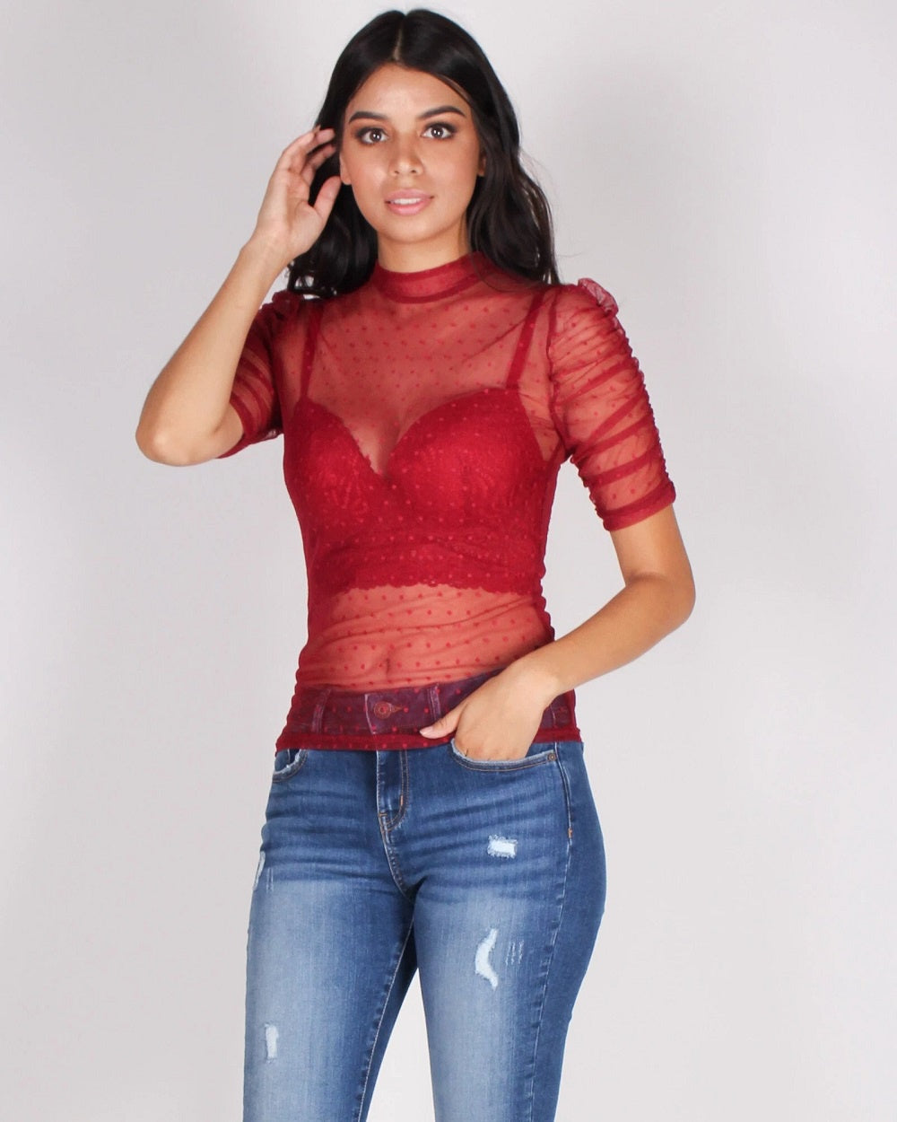 Haute Mode Women Short Sleeve Mesh Swiss Dot Shirt (Knit) Ruby-SHW