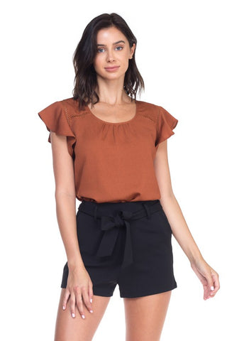 Haute Mode Women Front Ruffle Lace Shirt (Woven) Cognac-GL