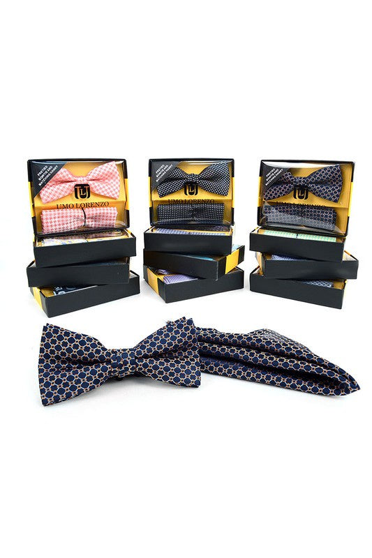 Umo Lorenzo Men Neat Bow Tie & Matching Hanky Assorted-GL