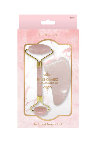 Celavi Rose Quartz Face Massage Roller Set-BB