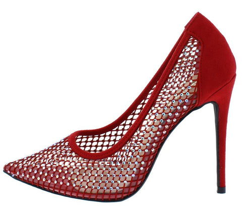 Vigo Fiore KIMYE-18 Women Sparkle Mesh Pointed Toe Heels Red-SHW