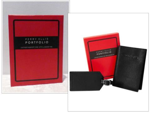 Perry Ellis Portfolio Black Passport Case and Luggage Tag Gift-Boxed Set-GL