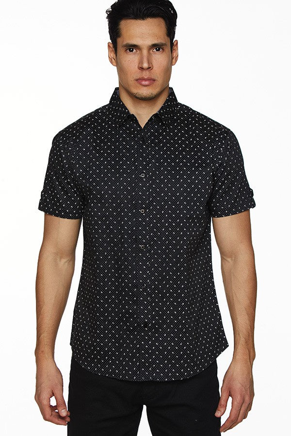 House Of Lords Men Cotton/Satin Printed Short Sleeve Shirt Black-GL