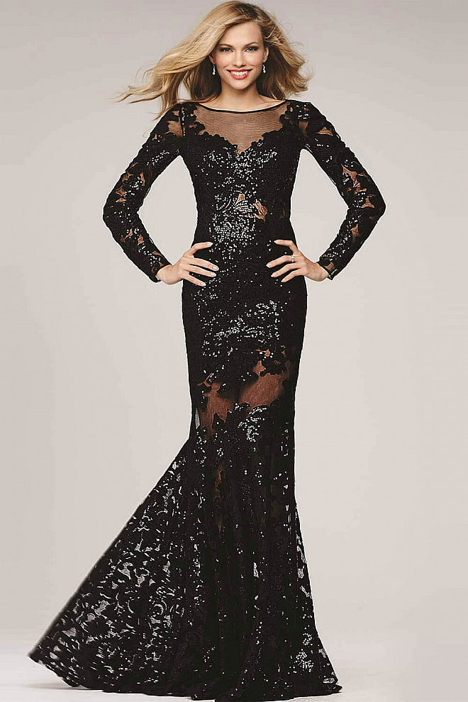 knee length dresses for ladies Feathered Long Black Formal Dress