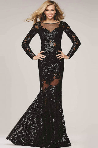 Jovani 32607 Women Floor Length Long Sleeve Black Dress-GL