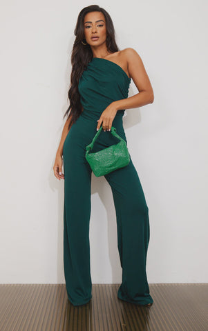 CLEARANCE 50% OFF- Express 07927606-0439 Velvet Body Contour One Shoulder Ruched Wide Leg Jumpsuit