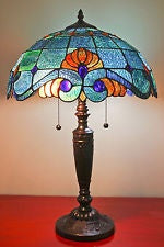 Tiffany Style Stained Glass Blue Vintage Table Lamp 2 Light 16" Shade