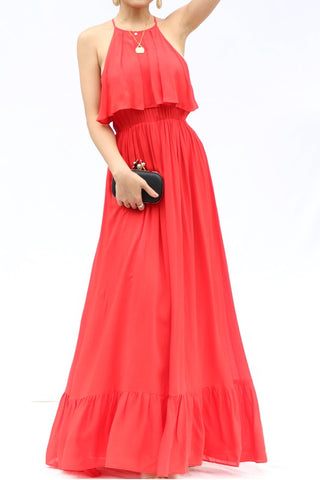 Dress Day Women Maxi Dress Ruffled Hem W/Tassel Tie Detail Tomato Red-SHG