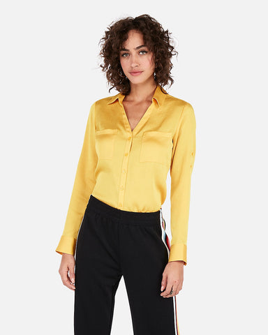 Express 09703641 Women Slim Fit Satin Portofino Shirt Siren Yellow-GL