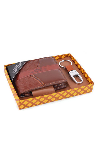 Umo Lorenzo Men Brown Woven Leather Wallet Keychain Set-SHG/SHW/MT/GL