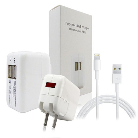 Dual USB LED Indicator Wall Home Charger Adapter + Lightening USB Cable White